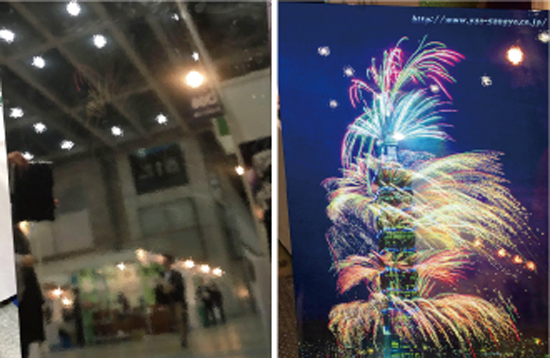 ミラーパネルをフラッシュ撮影するとカラフルな絵柄が写る仕掛けも可能。通常時は何も映っていない黒い鏡（左） とフラッシュ時
