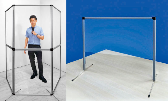「飛沫防止用コロナウイルスプロテクションパネル」スピーチ用 3 面タイプ (左) とデスク用小タイプ (右)